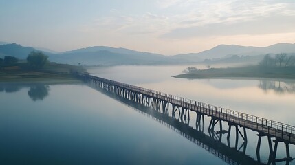 Fototapeta premium Wooden Bridge Extending Over Misty Lake Mountains