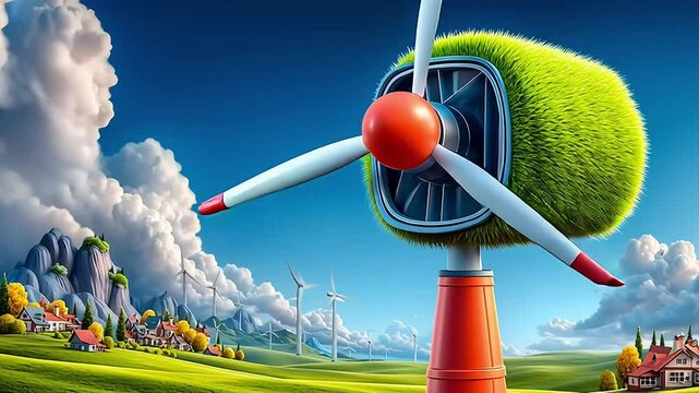 A sleek wind turbine - Dynamic energy - Spinning gracefully - Rolling green hills under a breezy sky.