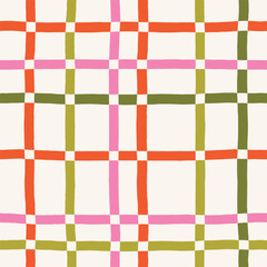 Modern Abstract Grid Pattern In Vivid Colors. Hand-Drawn Seamless Block Texture With Wobbly Lines and Squares. Organic Hand-Drawn Stripes Background