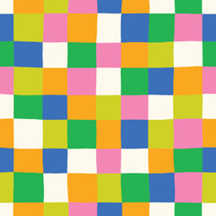 Playful Checkered Pattern In Multicolor. Artistic Colorful Grid Texture. Hand-Drawn Squares Seamless Texture