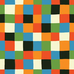Playful Checkered Pattern In Multicolor. Artistic Colorful Grid Texture. Hand-Drawn Squares Seamless Texture