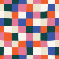 Playful Checkered Pattern In Multicolor. Artistic Colorful Grid Texture. Hand-Drawn Squares Seamless Texture
