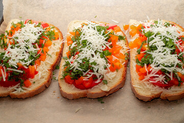 Close-up of tomato bruschetta on artisan bread slices with fresh sliced ​​tomatoes, parmesan cheese and herbs on a baking sheet in the oven while cooking. Food preparation process, bruschetta, sandwic
