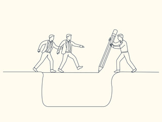businessman manager draw bridge help team cross cliff teamwork, concept of leadership.