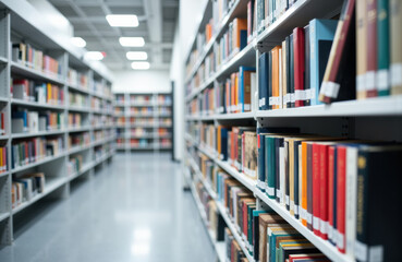 Bookshelves filled with colorful books in a modern library aisle
