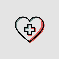 Obraz premium Minimalist Heart Icon Illustration Featuring a White Medical Cross Centered Inside a Red and Teal Heart Shape Against a Light Gray Background