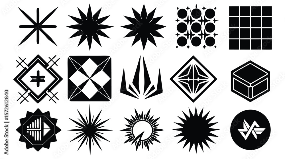 Poster set of abstract geometric vector shapes and symbols. black futuristic technical icons for modern log
