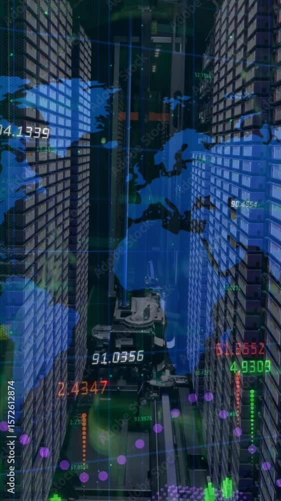 Poster animation of graphs, numbers and map over server racks and equipment in background