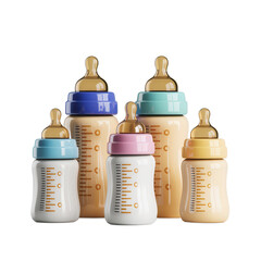 A collection of five baby bottles with different colored caps and nipples in varying sizes isolated on transparent background