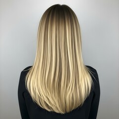 Naklejka premium A woman with freshly highlighted long blonde hair standing, showing vibrant and healthy locks. Hair care and beauty salon concept.