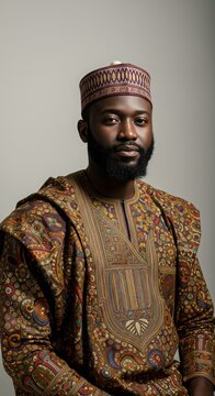 black people wearing traditional clothes, neutral background with space