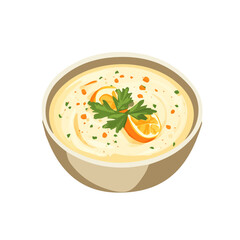 My Simple flat 2D illustration of a baba Ganoush dip in bowl isolated on a white background, vector 2D design, icon, flat 2d illustration art, Eps painting, Vector set