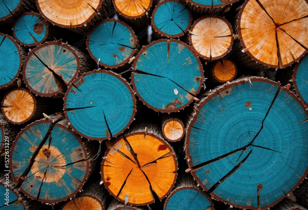Poster colorful stacked logs with blue and orange hues and visible cracks create a rustic pattern