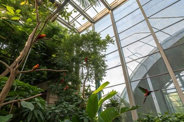 Obraz premium Vibrant tropical birds perched and flying within a lush greenhouse aviary