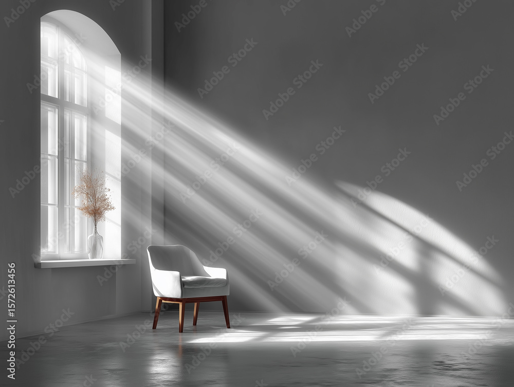 Poster sunlight illuminating empty room with armchair and copy space