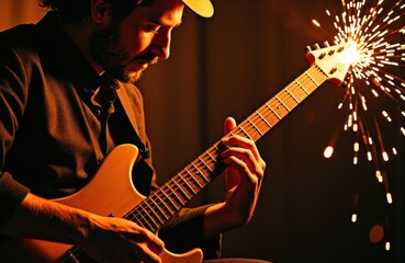 Obraz premium Guitarist playing electric guitar with sparks flying from the headstock in a dark setting