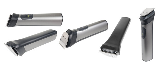 Collage with hair trimmer, beard and hair clipper isolated on a transparent background