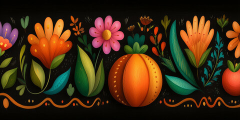 Scandinavian folk art pattern featuring pumpkin and flowers on dark background
