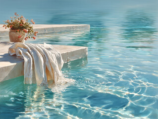 White towel hanging in empty turquoise swimming pool with pink flowers