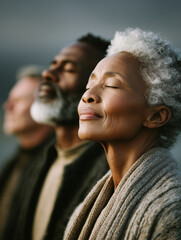 Group of senior people meditating together outdoors, enjoying the fresh air
