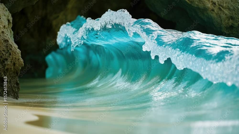 Poster powerful ocean wave crashes into the entrance of a cave, creating a dramatic and dynamic scene