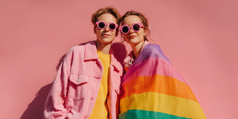 Joyful couple celebrating pride with vibrant flag