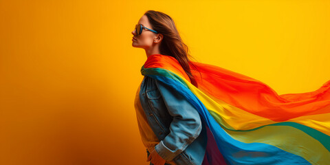 Young woman wearing rainbow flag like superhero cape on yellow background