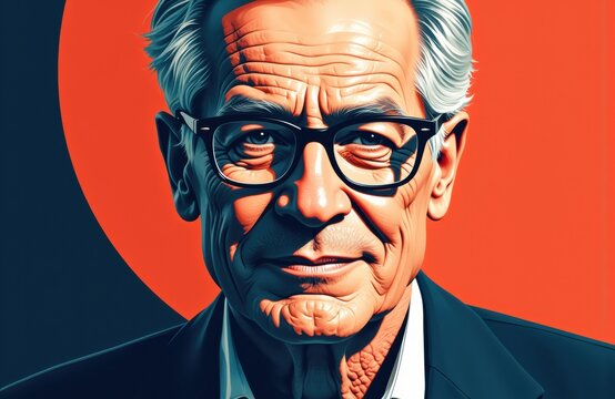 Close-up portrait of an elderly man with gray hair and glasses, wearing a dark suit against a bold orange and dark background