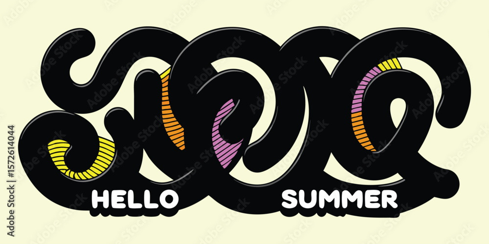Poster hello summer stylized graphic vector design. bold typography with abstract shapes and patterns insid