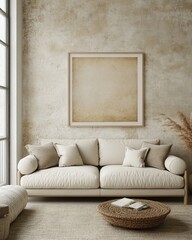 Gray sofa placed near a beige stucco wall with a poster, perfect for a minimalist modern living room design, Generative AI