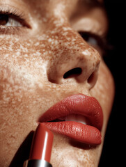 Model applying red lipstick, embracing vitiligo, beauty diversity concept