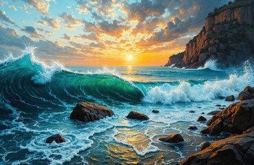 Obraz premium Sunset over rocky coastline with crashing waves and vibrant sky