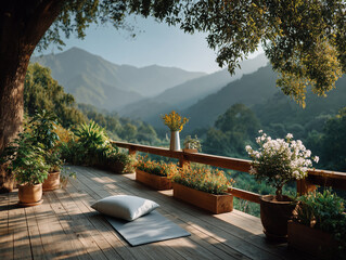 Yoga mat and cushion awaiting on wooden terrace with mountain view