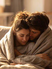 Young couple cuddling on sofa under blanket enjoying intimacy