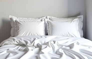 A neatly made bed with white sheets and pillows in a minimalistic bedroom setting