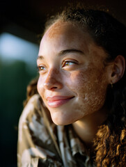 Young woman with vitiligo smiling softly outdoors