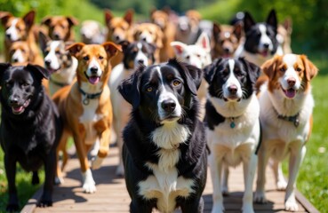 A group of dogs standing outdoors on a sunny day in a park setting