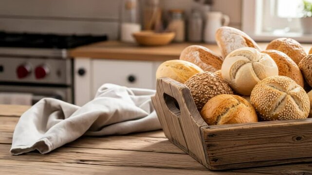 Assortment of fresh baked bread rolls in wooden box on table in kitchen. Food, bakery and rustic concept.
