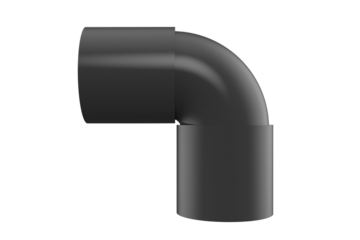 High-Resolution Isolated 90-Degree Black Plastic Pipe Elbow, Essential Plumbing Fitting for Water and Waste Management Systems. Perfect for Engineering, Construction and Home Improvement Projects.