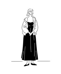 A stylish woman in a long black dress with a jacket draped over her shoulders. Minimalist fashion illustration of a layered outfit.