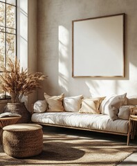 Beige leather sofa and armchairs positioned against a window, showcasing luxury interior design for a modern living room, Generative AI