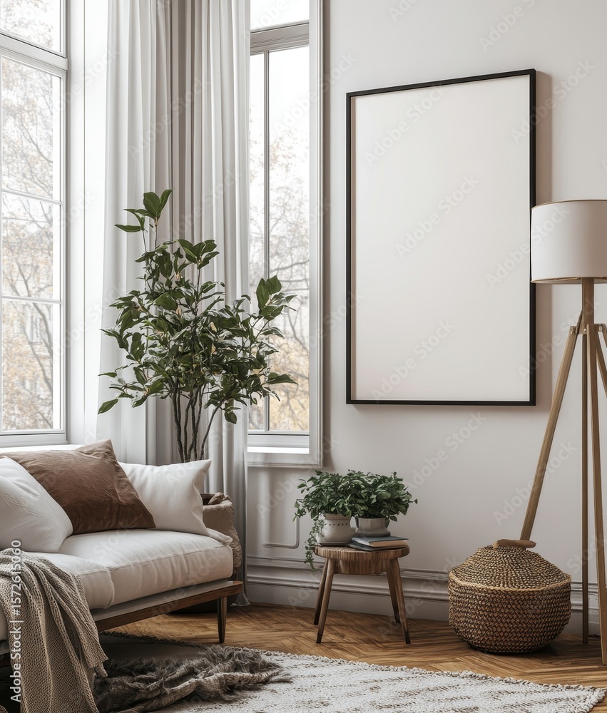 Poster blank mock-up poster and floor lamp placed near a window with white curtains in a scandinavian-style