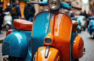 Vibrant vintage scooter with bright orange and blue colors on busy city street