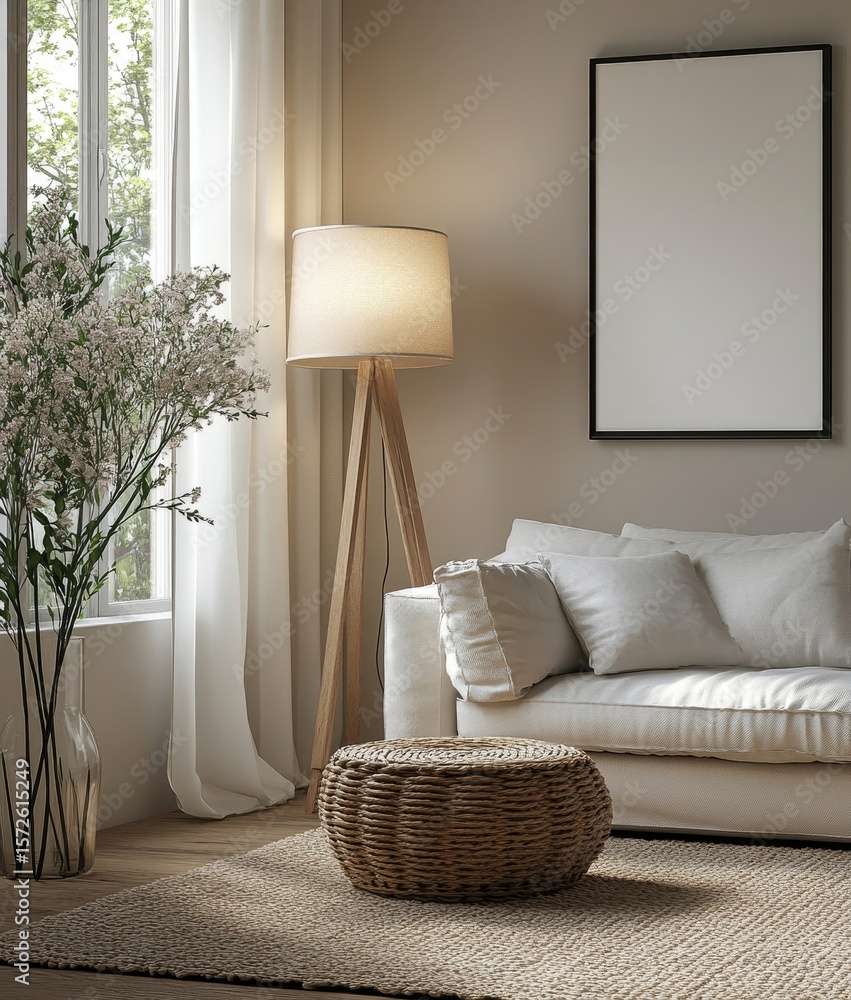 Poster blank mock-up poster and floor lamp placed near a window with white curtains in a scandinavian-style