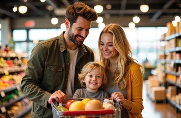 A happy family shopping together in a grocery store with a shopping cart filled with fresh produce