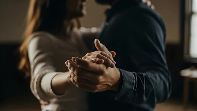 Couple slow dancing intimately, holding hands in warm light. Romance, connection, love, relationships, anniversary, wedding celebration, intimate moments, date night visuals.