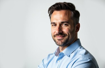 Fototapeta premium Confident man with dark hair and beard smiling in a light blue shirt