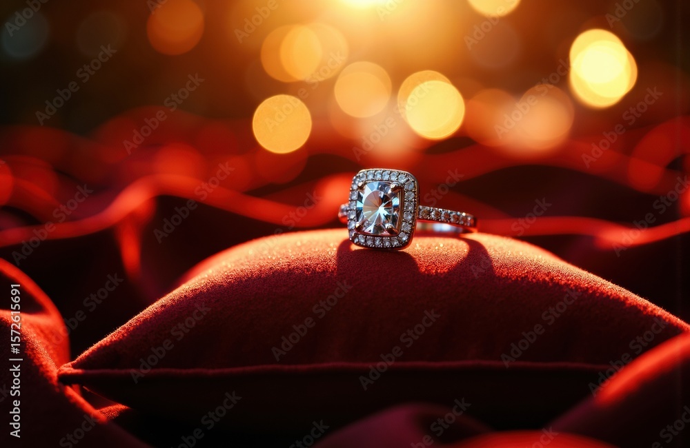Poster ring with sparkling gemstone resting on red velvet cushion in warm bokeh background