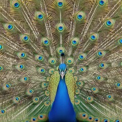 Obraz premium Close-up of Vibrant Blue Peacock with Fanned Tail Feathers Displaying Eye-Spots