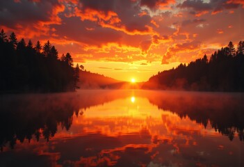 Stunning sunset over a calm river with vibrant orange and red clouds reflecting on the water